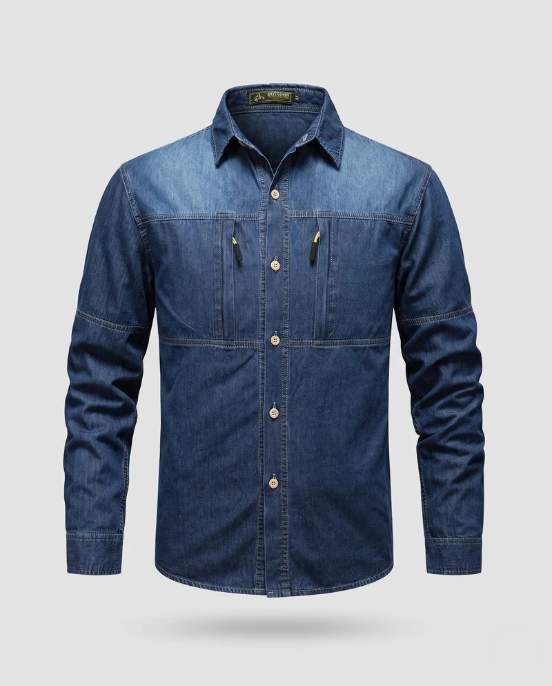Herren Jeanshemdjacke im Arbeitskleidungsstil mit Reißverschluss-Brusttaschen Drune