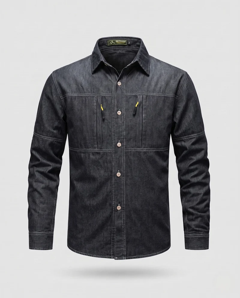Herren Jeanshemdjacke im Arbeitskleidungsstil mit Reißverschluss-Brusttaschen Drune