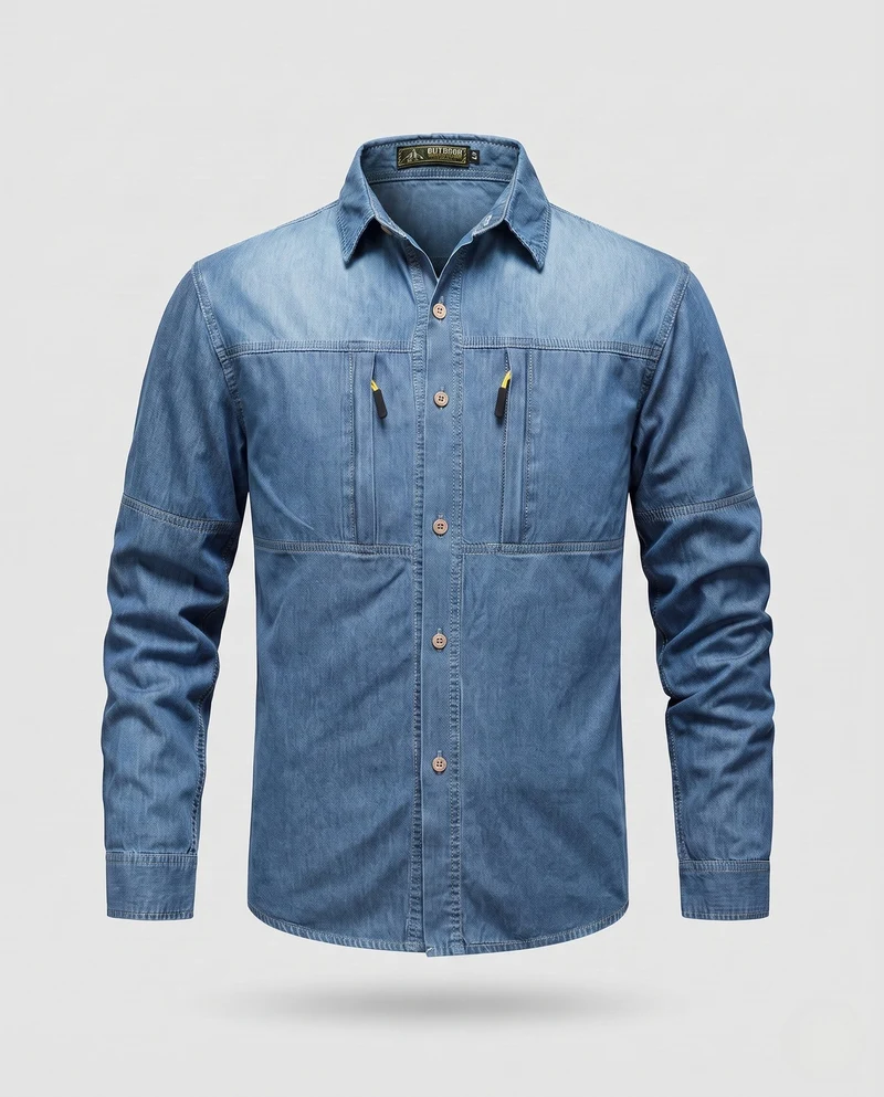 Herren Jeanshemdjacke im Arbeitskleidungsstil mit Reißverschluss-Brusttaschen Drune
