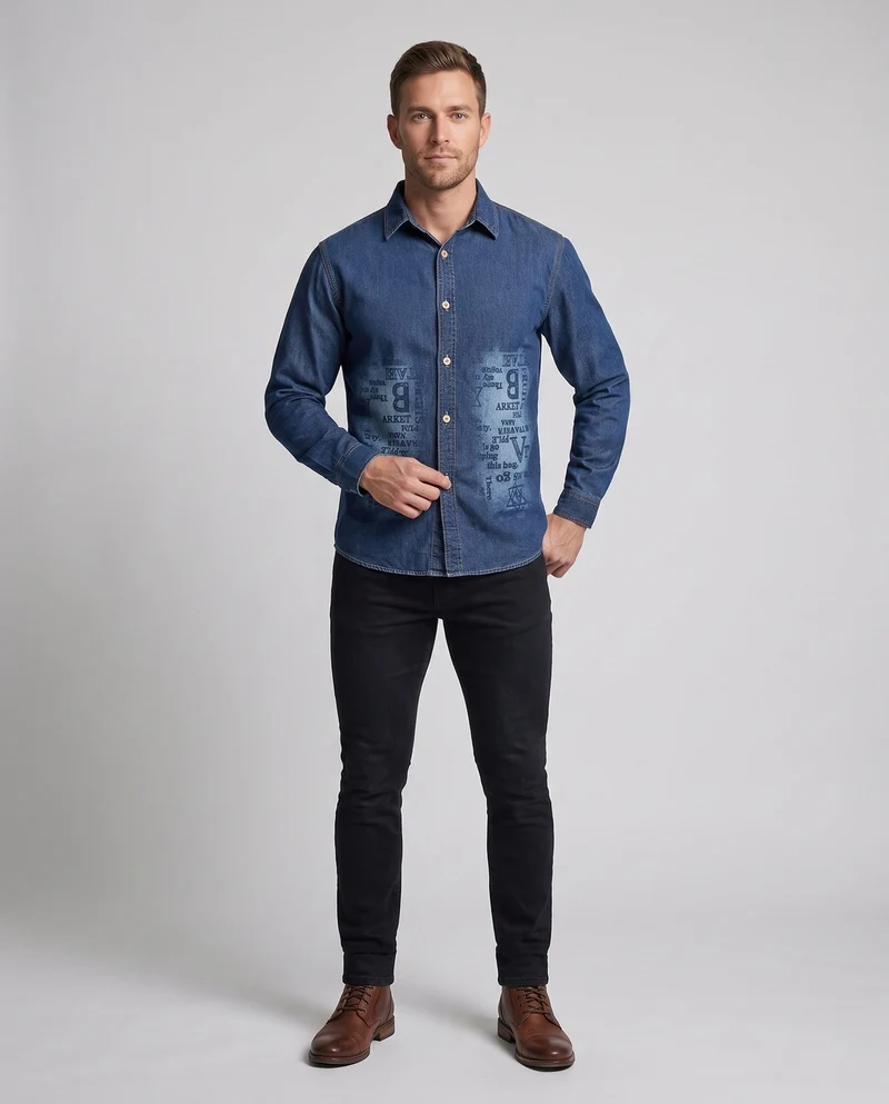 Herren-Denim-Hemd im Overshirt-Stil mit Allover-Print und durchgehender Knopfleiste Drune
