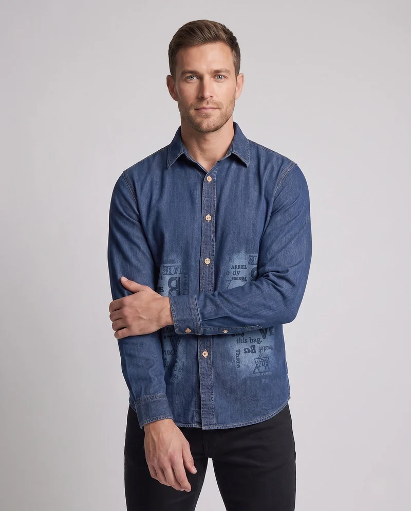 Herren-Denim-Hemd im Overshirt-Stil mit Allover-Print und durchgehender Knopfleiste Drune