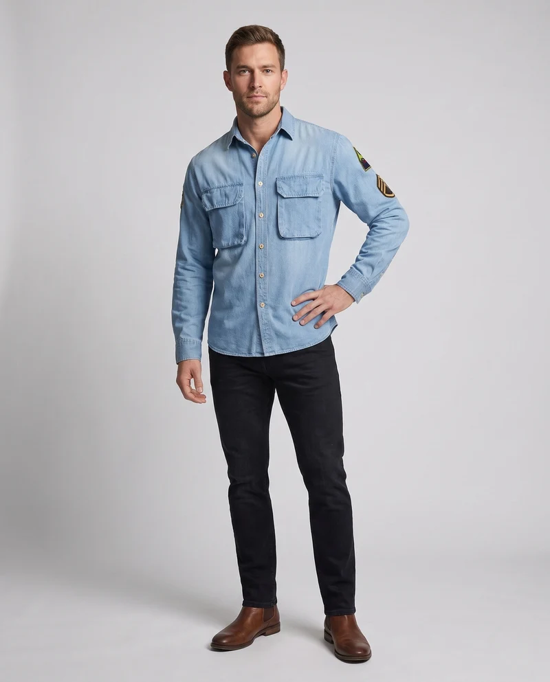 Herren Denim-Hemdjacke mit doppelten Brustklappen und Ärmelflicken Drune