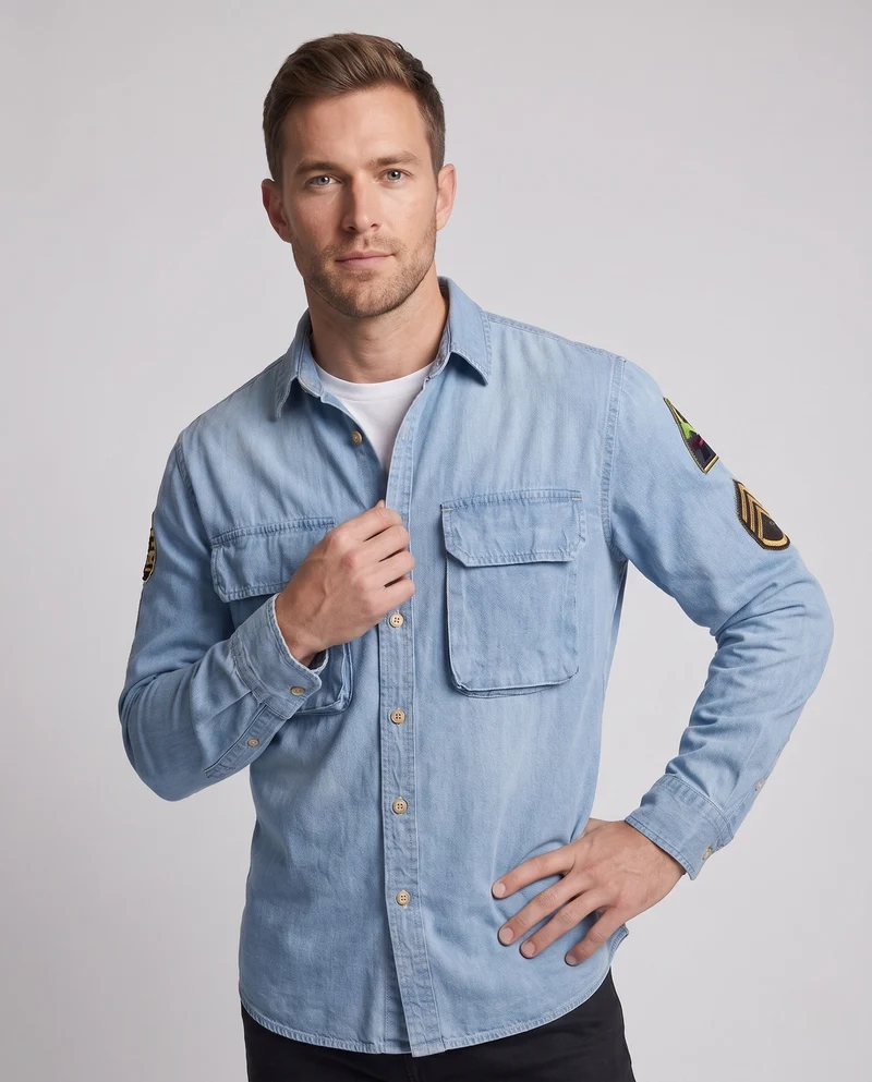 Herren Denim-Hemdjacke mit doppelten Brustklappen und Ärmelflicken Drune