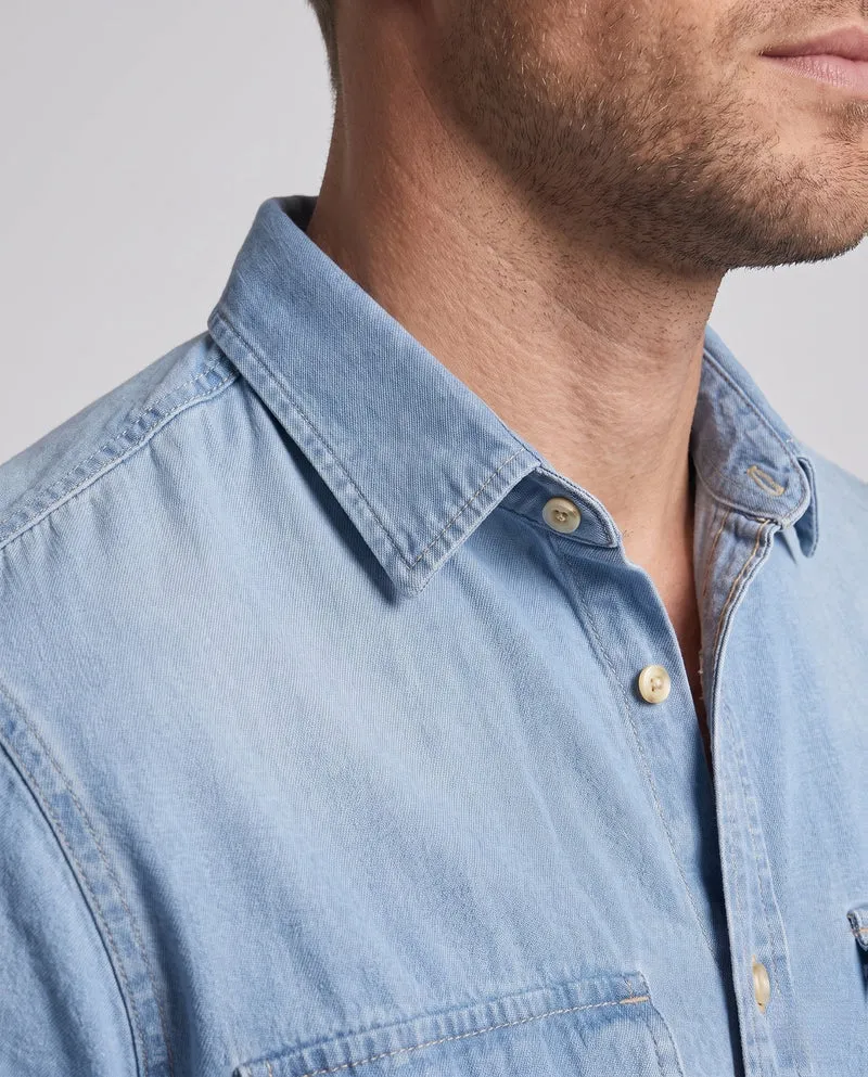 Herren Denim-Hemdjacke mit doppelten Brustklappen und Ärmelflicken Drune