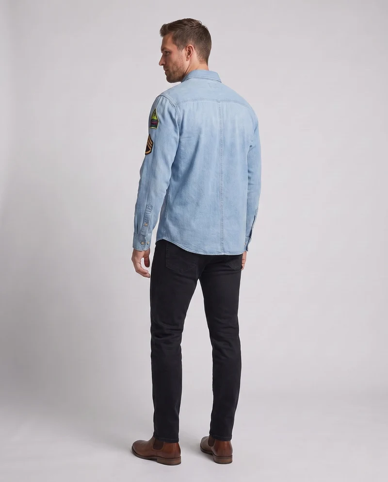 Herren Denim-Hemdjacke mit doppelten Brustklappen und Ärmelflicken Drune