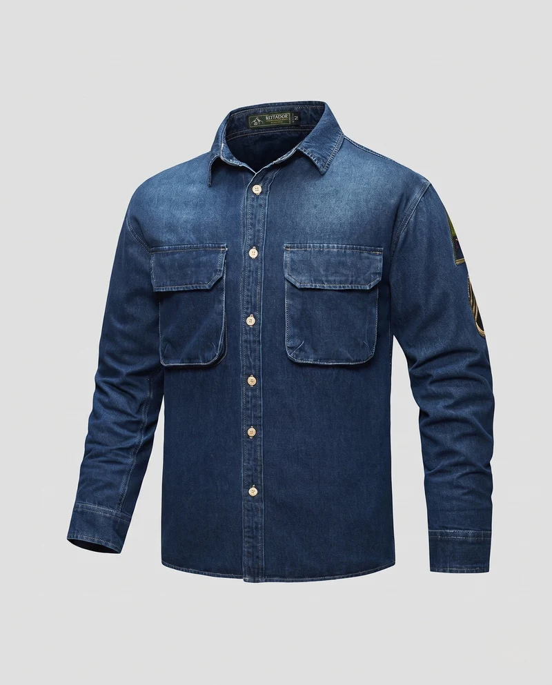 Herren Denim-Hemdjacke mit doppelten Brustklappen und Ärmelflicken Drune