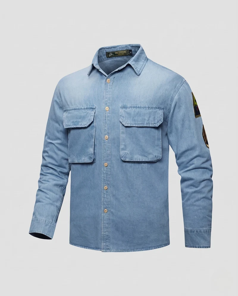 Herren Denim-Hemdjacke mit doppelten Brustklappen und Ärmelflicken Drune
