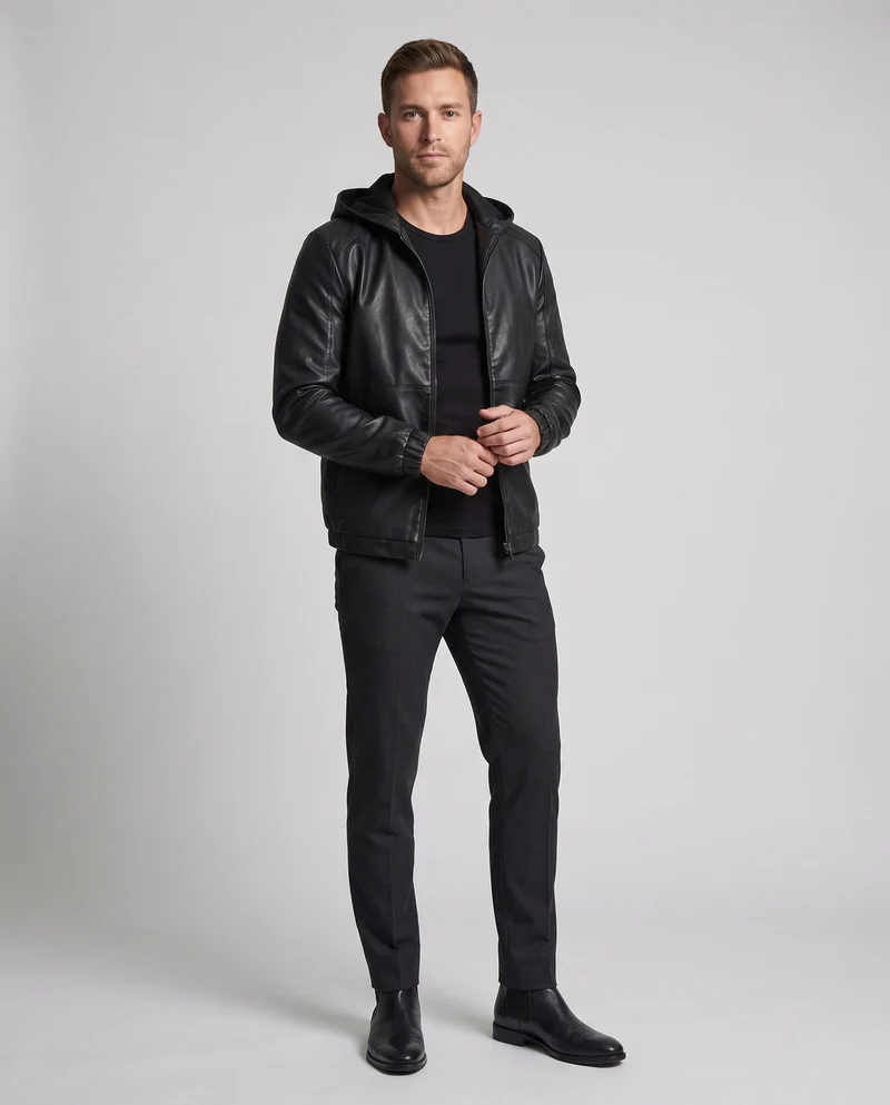 Herren Hoodie Blouson in Lederoptik mit minimalem Reißverschluss vorne und elastischen Bündchen Drune