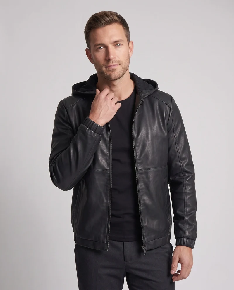 Herren Hoodie Blouson in Lederoptik mit minimalem Reißverschluss vorne und elastischen Bündchen Drune
