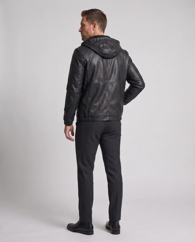 Herren Hoodie Blouson in Lederoptik mit minimalem Reißverschluss vorne und elastischen Bündchen Drune
