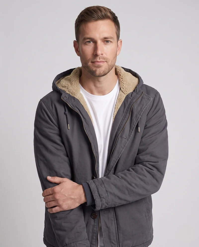 Herren Kapuzen Canvas Jacke mit vollem Teddyfutter und einstellbarem Saum Drune