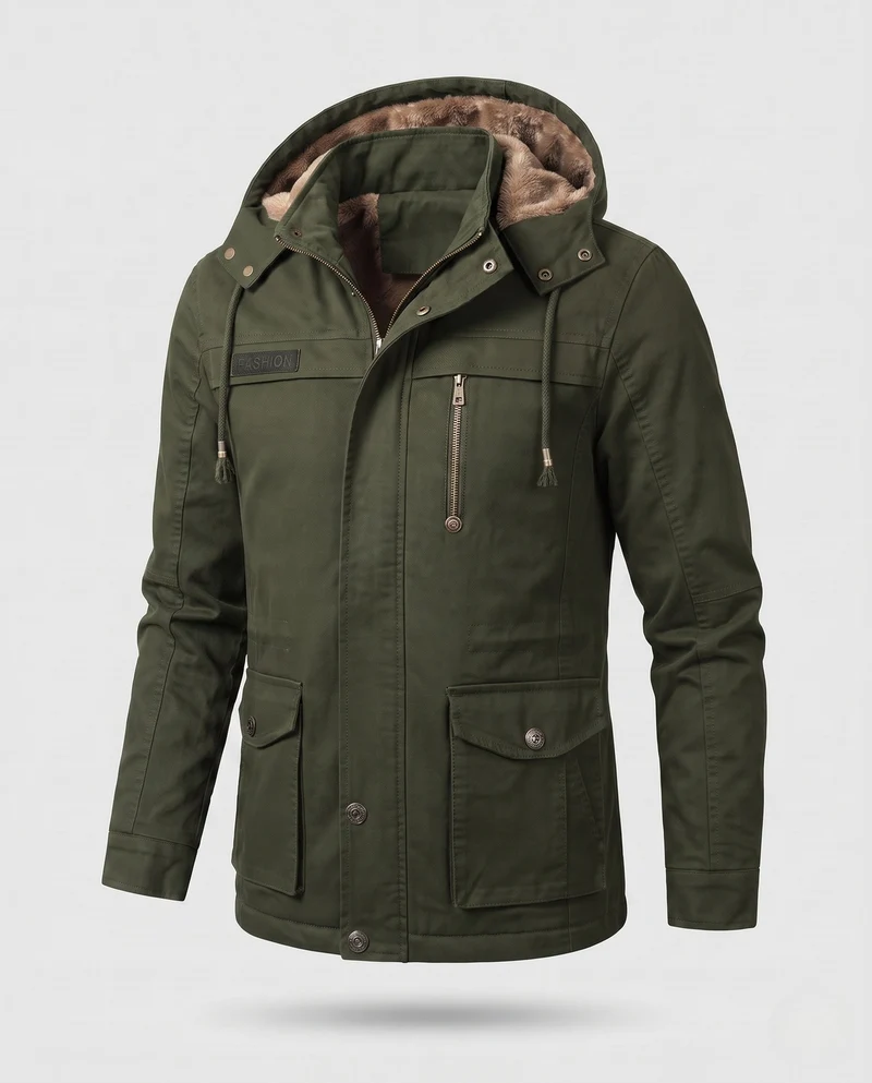 Herren Feldjacke mit Kapuze und Teddy-Futter sowie Multifunktionssch pockets Drune