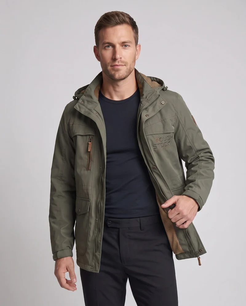 Herren-Sweatjacke mit Kapuze aus wasserabweisendem Canvas mit atmungsaktivem Mesh-Futter und Multifunktionstaschen Drune