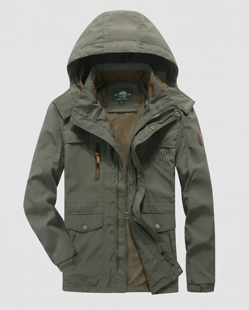 Herren-Sweatjacke mit Kapuze aus wasserabweisendem Canvas mit atmungsaktivem Mesh-Futter und Multifunktionstaschen Drune