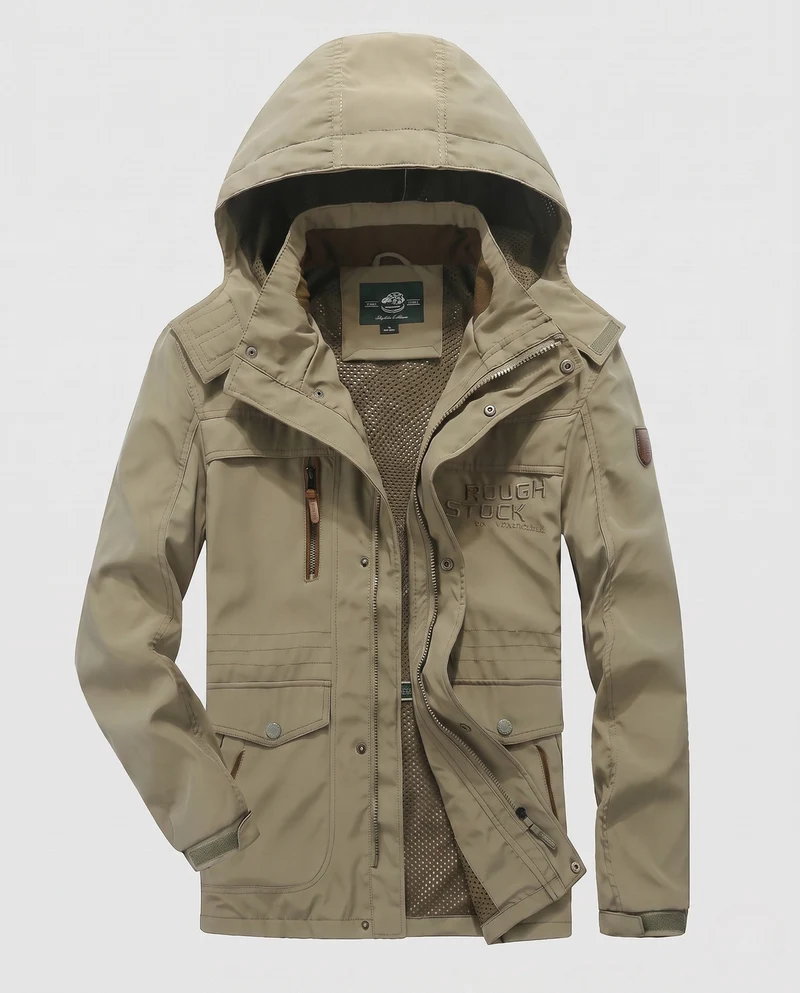 Herren-Sweatjacke mit Kapuze aus wasserabweisendem Canvas mit atmungsaktivem Mesh-Futter und Multifunktionstaschen Drune