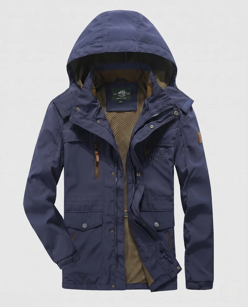 Herren-Sweatjacke mit Kapuze aus wasserabweisendem Canvas mit atmungsaktivem Mesh-Futter und Multifunktionstaschen Drune