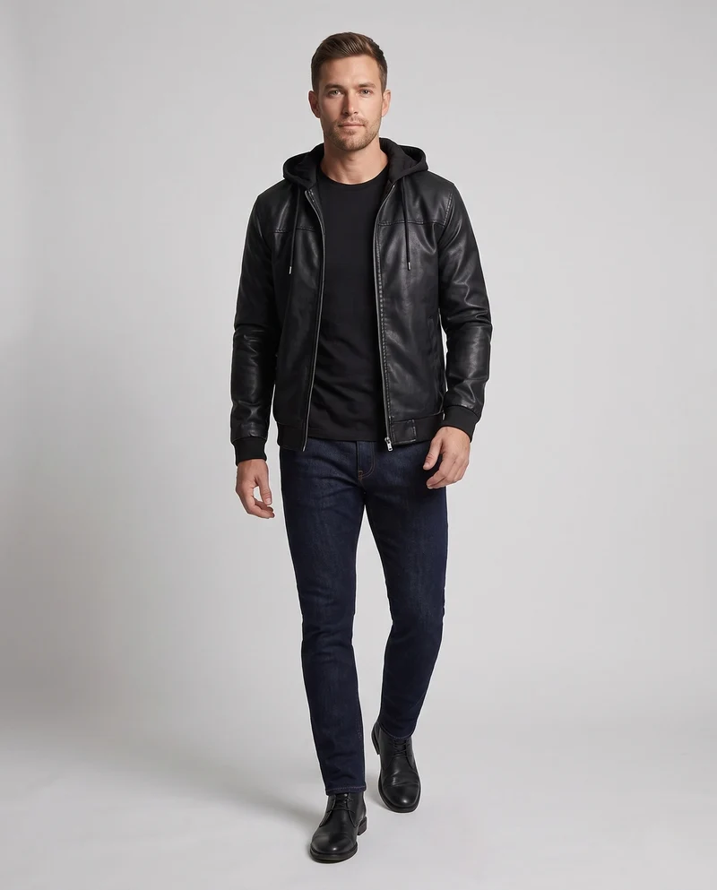Herren Kapuzen Kunstlederjacke im Biker Bomber Stil mit integrierter Hoodie-Futter Drune