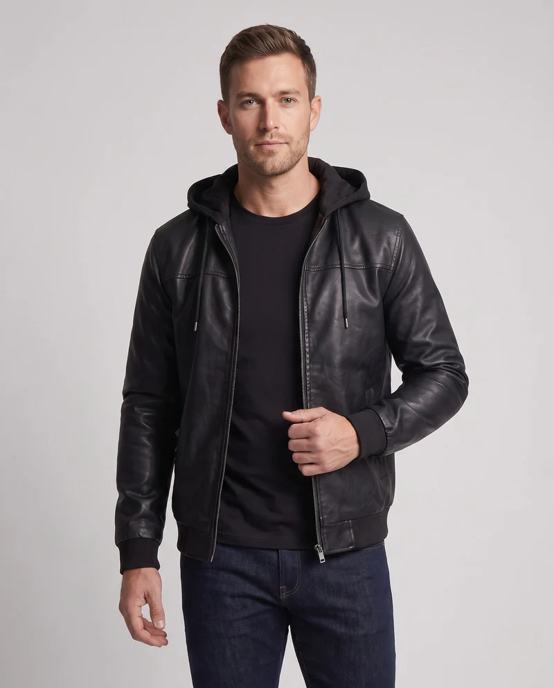 Herren Kapuzen Kunstlederjacke im Biker Bomber Stil mit integrierter Hoodie-Futter Drune