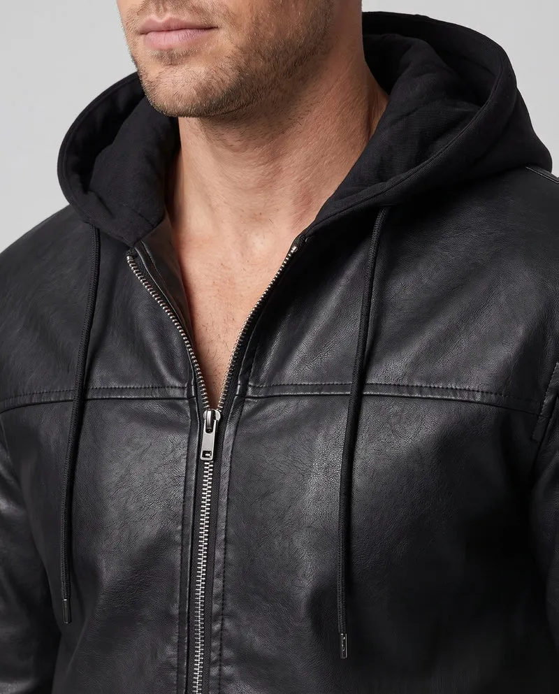 Herren Kapuzen Kunstlederjacke im Biker Bomber Stil mit integrierter Hoodie-Futter Drune