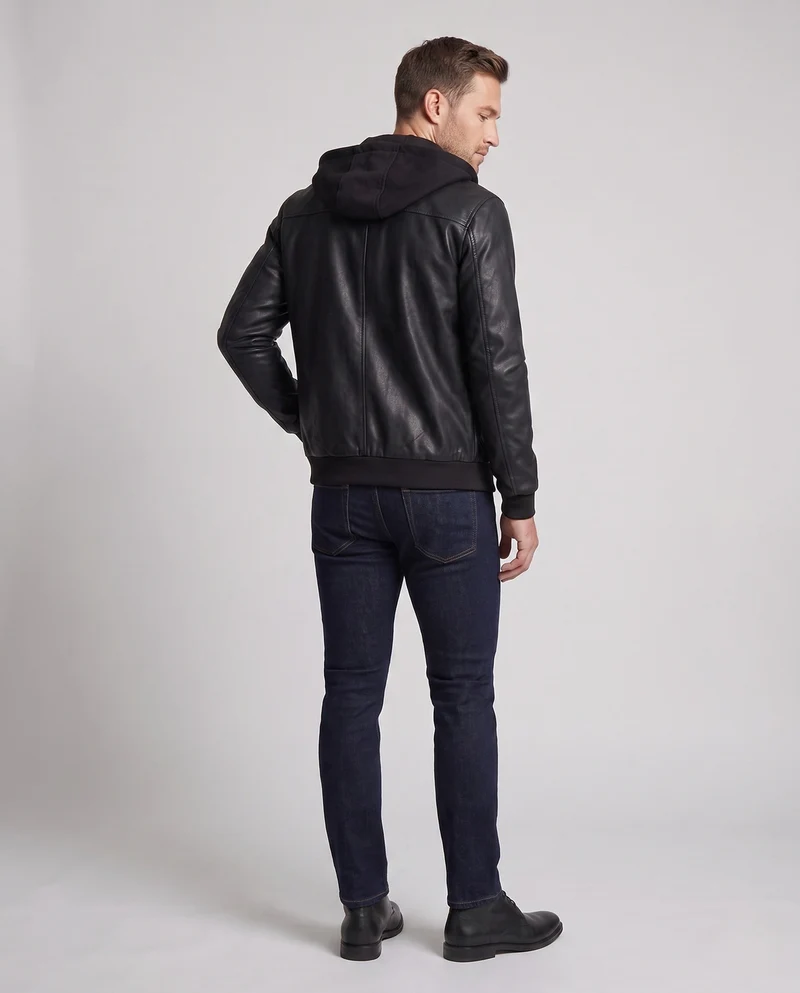 Herren Kapuzen Kunstlederjacke im Biker Bomber Stil mit integrierter Hoodie-Futter Drune