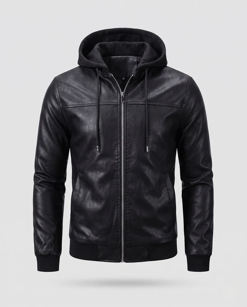 Herren Kapuzen Kunstlederjacke im Biker Bomber Stil mit integrierter Hoodie-Futter Drune