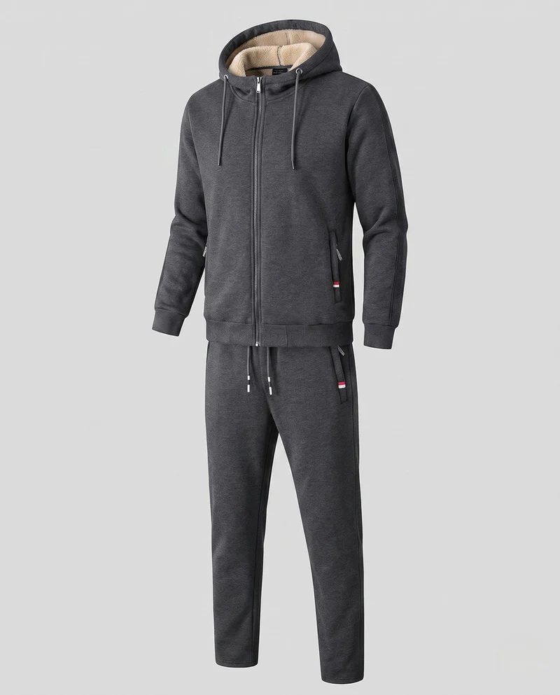 Herren Hoodie Sweat Set mit Teddyfutter, Reißverschlusstaschen und elastischem Bund Drune