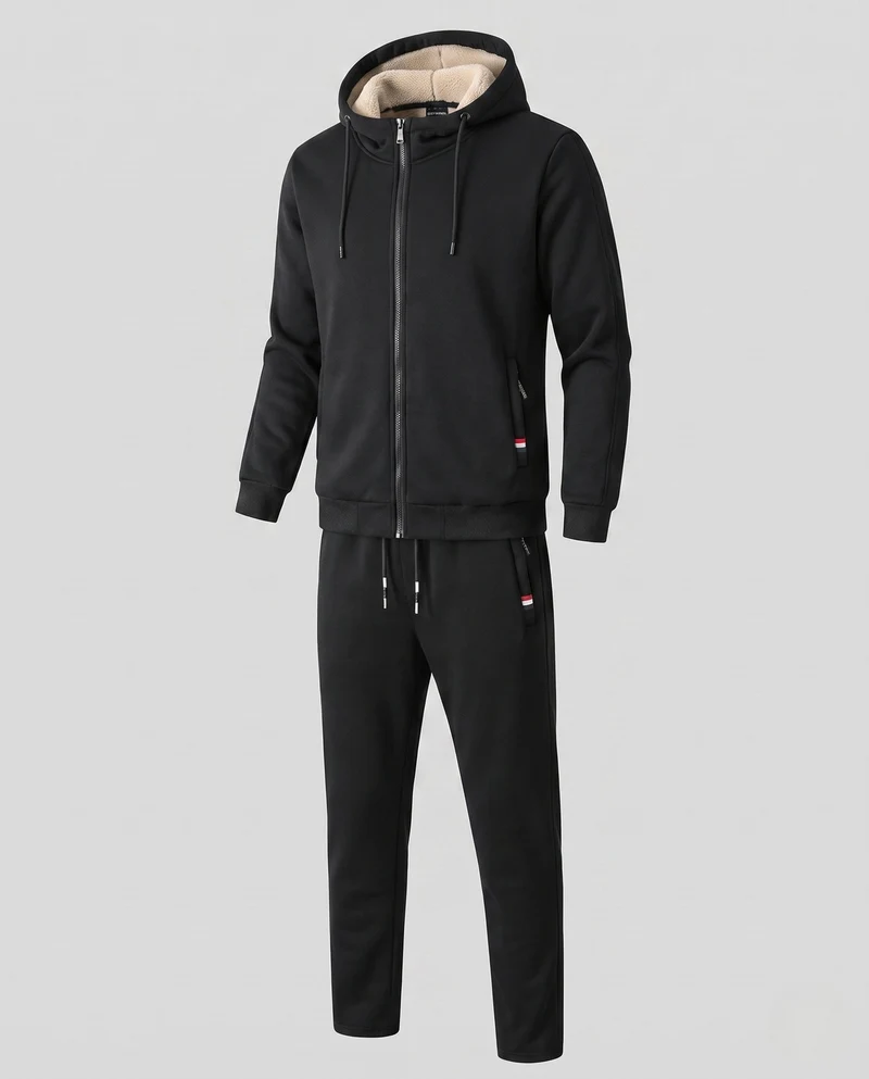 Herren Hoodie Sweat Set mit Teddyfutter, Reißverschlusstaschen und elastischem Bund Drune