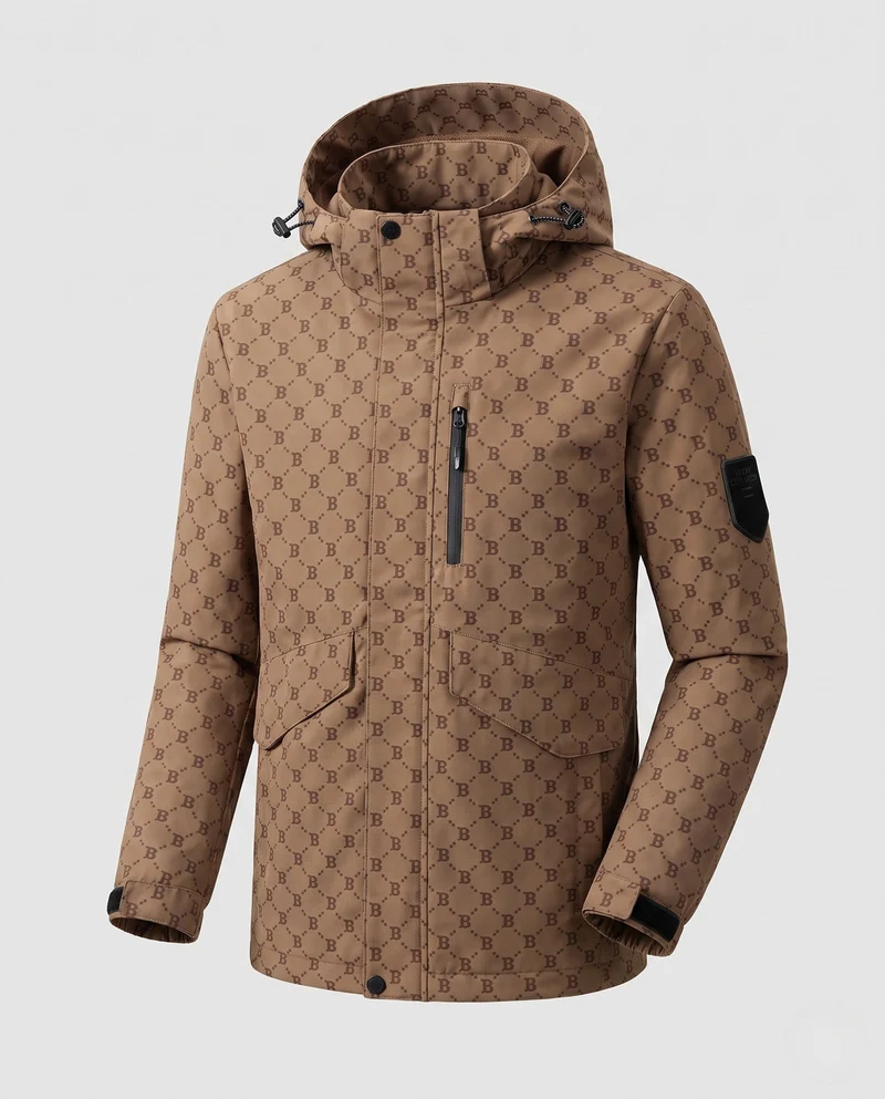 Herren Parka mit Kapuze aus wasserabweisendem Nylonmix mit Allover-Monogramm und Multifunktionstaschen Drune