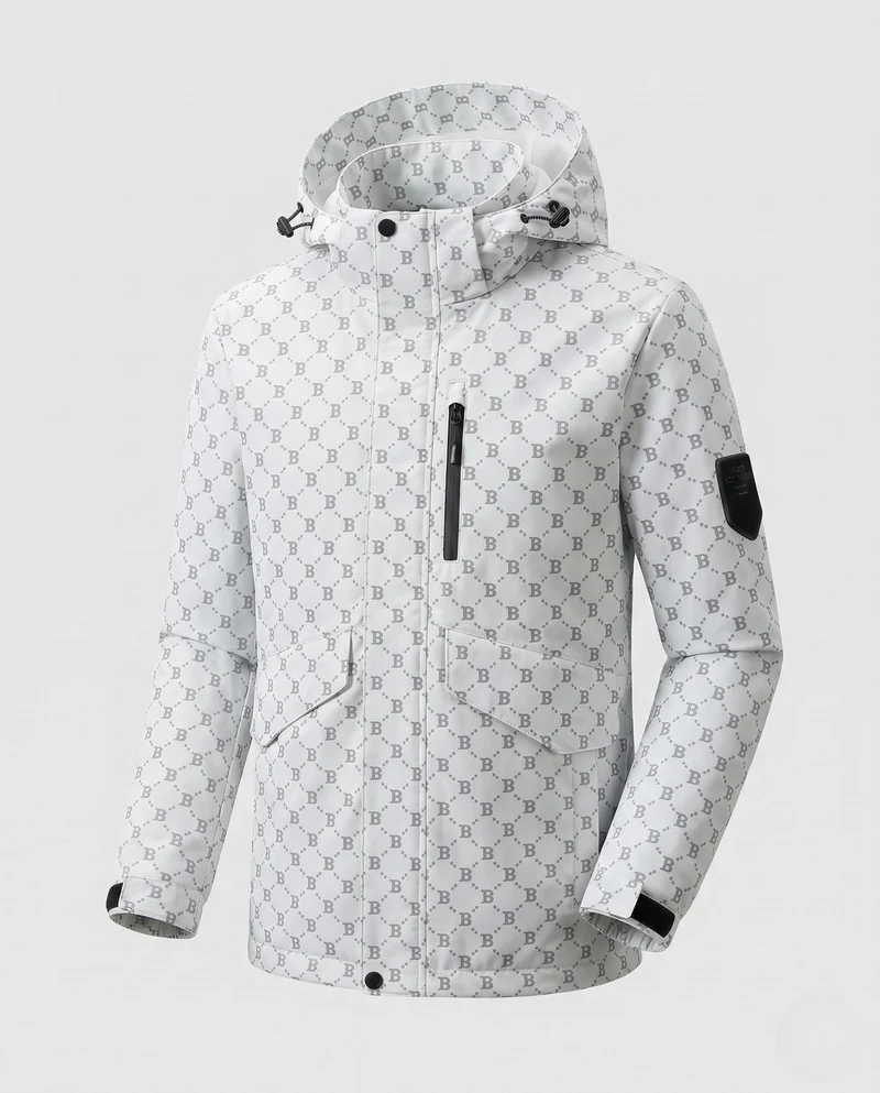 Herren Parka mit Kapuze aus wasserabweisendem Nylonmix mit Allover-Monogramm und Multifunktionstaschen Drune