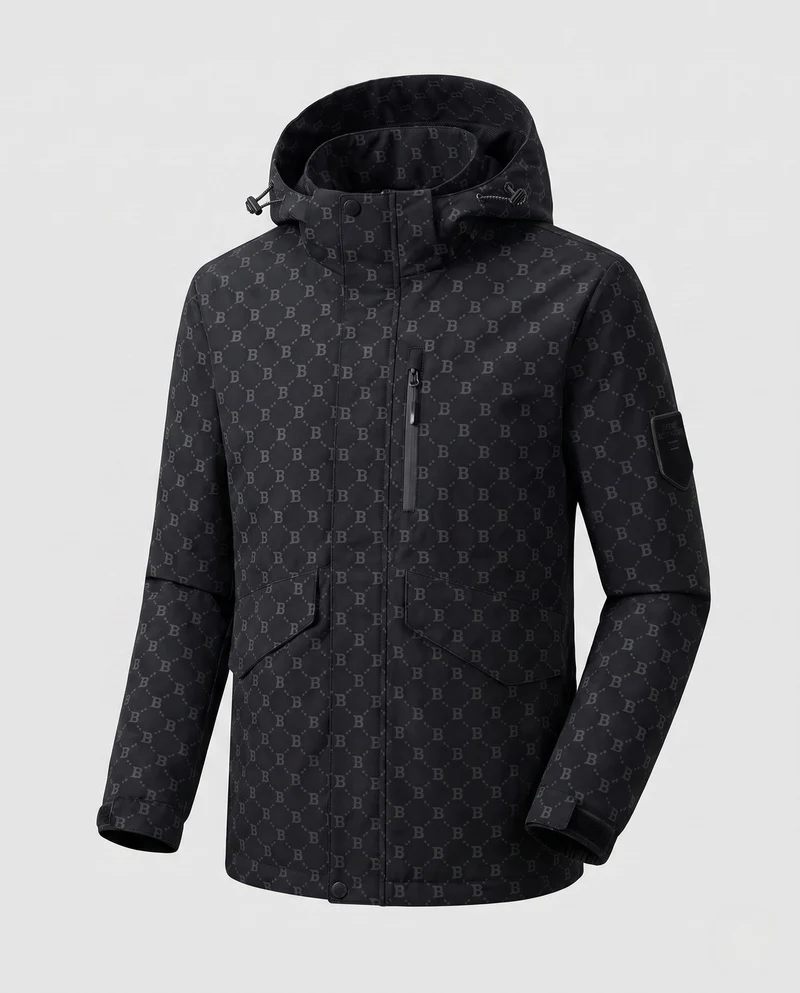 Herren Parka mit Kapuze aus wasserabweisendem Nylonmix mit Allover-Monogramm und Multifunktionstaschen Drune
