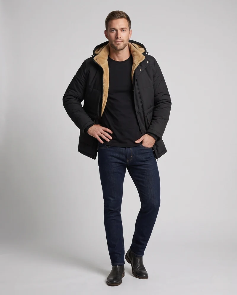 Herren Parka mit Kapuze und ganzflächigem Teddyfleece-Futter sowie thermischer Isolierung Drune