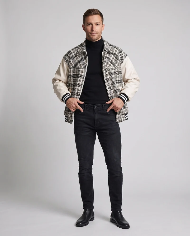 Herren Karierter Baumwollmix Collegejacke mit Kunstlederärmeln und gerippten Bündchen Drune