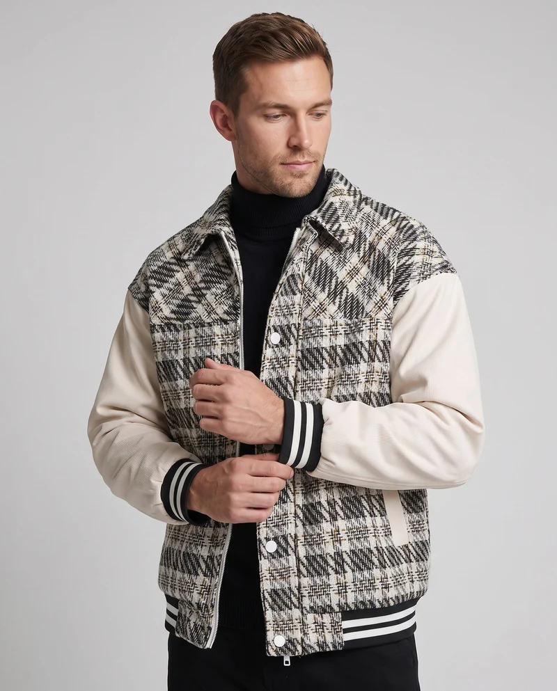 Herren Karierter Baumwollmix Collegejacke mit Kunstlederärmeln und gerippten Bündchen Drune