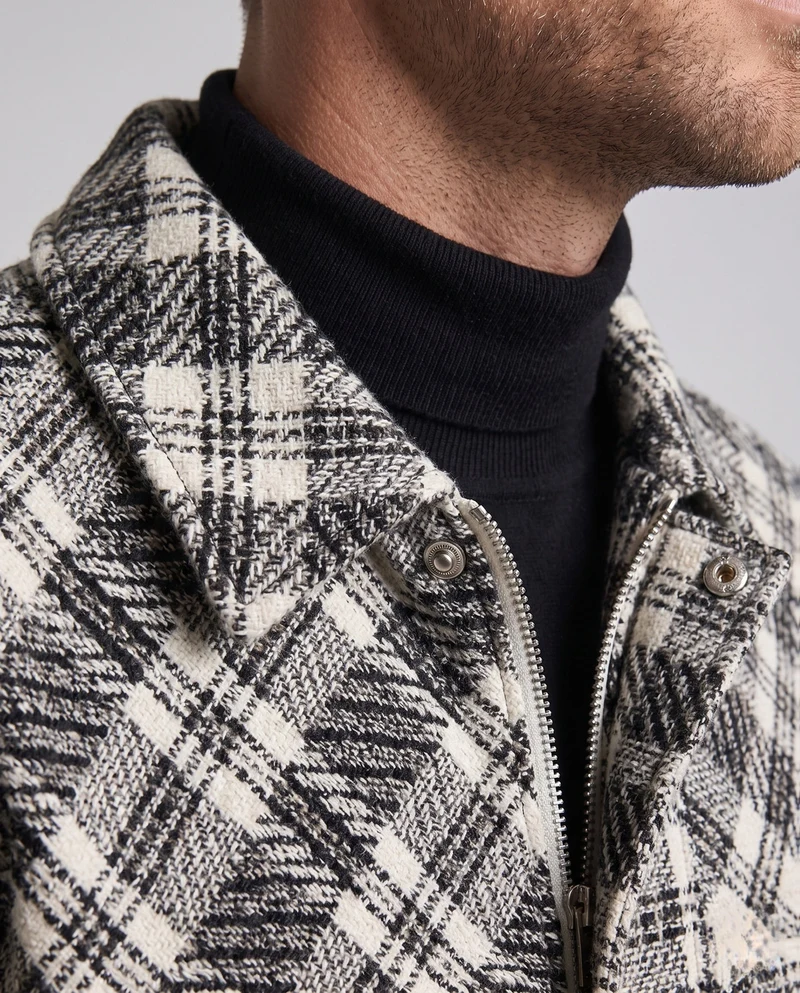 Herren Karierter Baumwollmix Collegejacke mit Kunstlederärmeln und gerippten Bündchen Drune