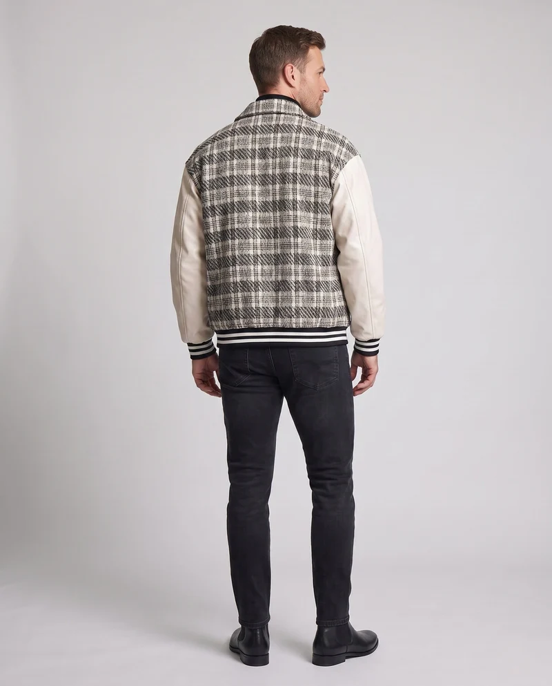 Herren Karierter Baumwollmix Collegejacke mit Kunstlederärmeln und gerippten Bündchen Drune