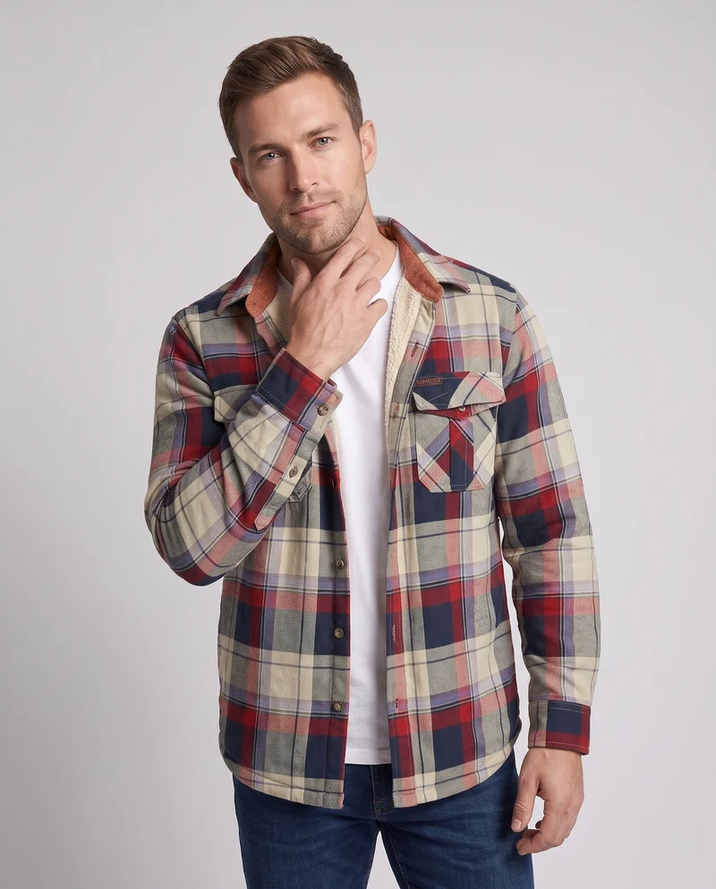 Herren Karo-Überhemdjacke mit warmem Teddy-Futter und Klappentaschen Drune