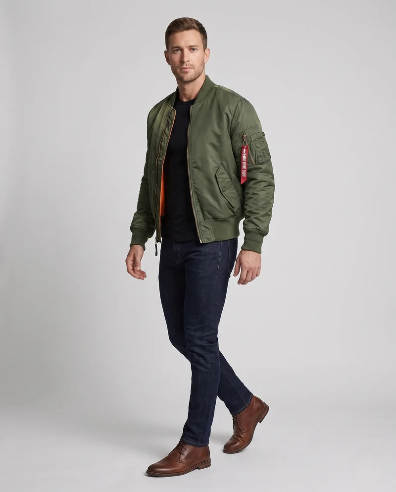 Herren klassische Pilot-Bomberjacke mit Kontrastfutter, Utility-Tasche am Ärmel und geripptem Saum Drune