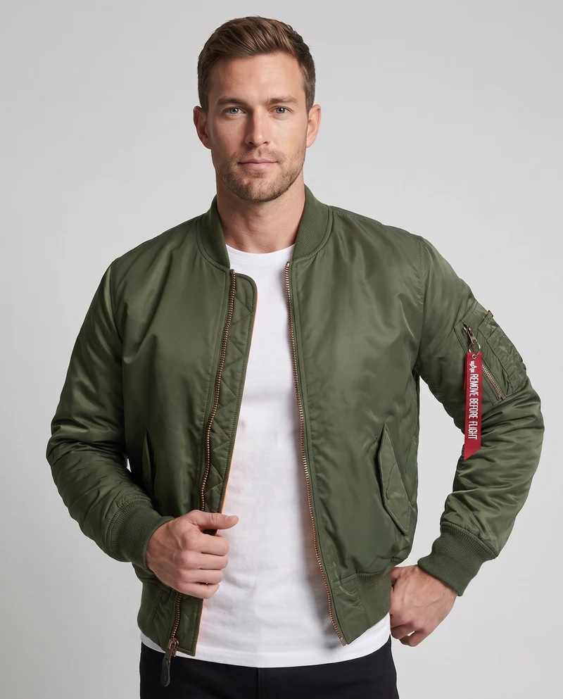 Herren klassische Pilot-Bomberjacke mit Kontrastfutter, Utility-Tasche am Ärmel und geripptem Saum Drune
