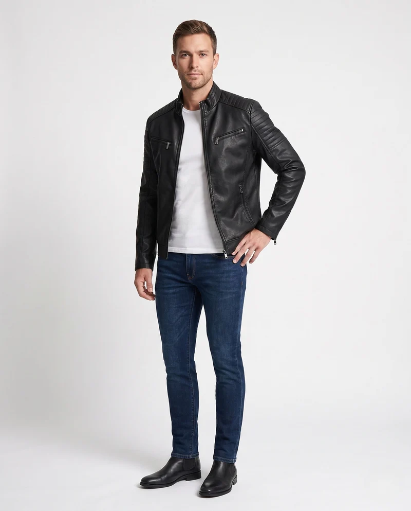 Männer Faux-Leder Bikerjacke mit gesteppten Schultern und Stehkragen Drune