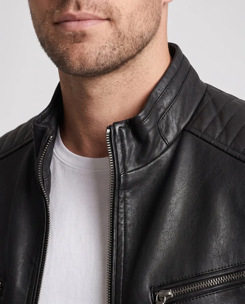 Männer Faux-Leder Bikerjacke mit gesteppten Schultern und Stehkragen Drune
