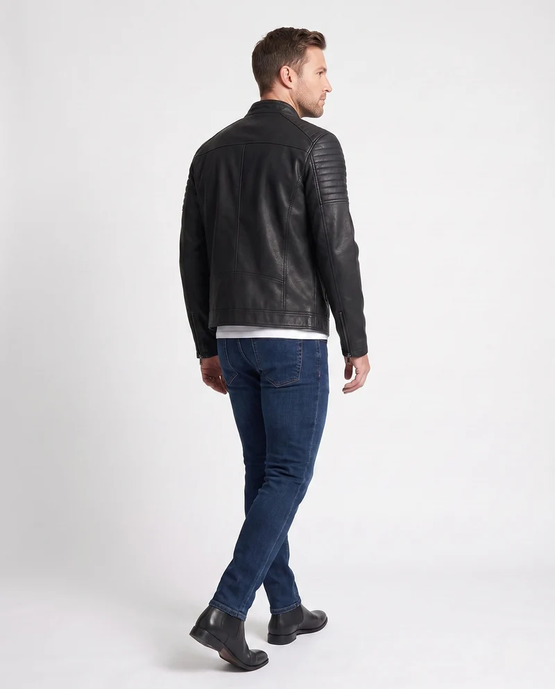 Männer Faux-Leder Bikerjacke mit gesteppten Schultern und Stehkragen Drune