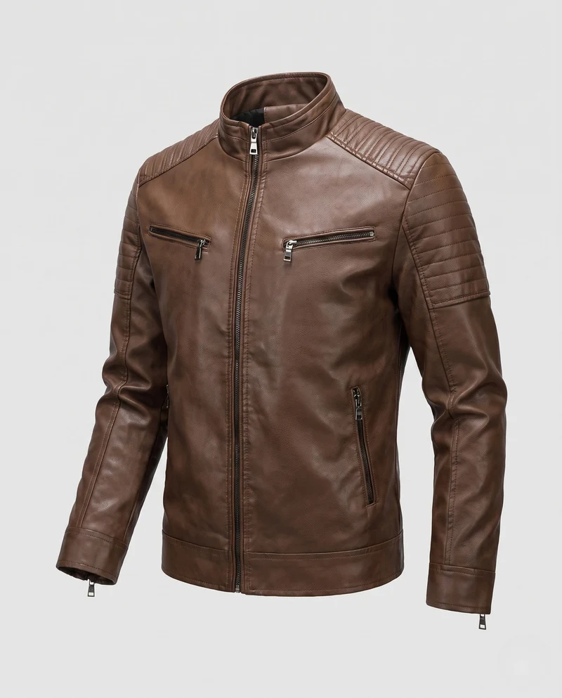 Männer Faux-Leder Bikerjacke mit gesteppten Schultern und Stehkragen Drune