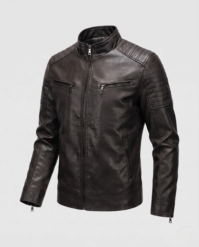 Männer Faux-Leder Bikerjacke mit gesteppten Schultern und Stehkragen Drune