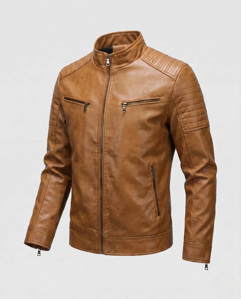 Männer Faux-Leder Bikerjacke mit gesteppten Schultern und Stehkragen Drune