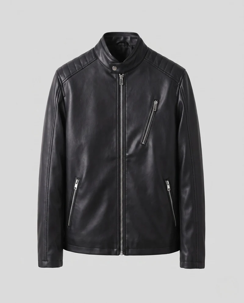 Herren Kunstleder Bikerjacke im Slim Fit mit Stehkragen und Reißverschlusstaschen Drune