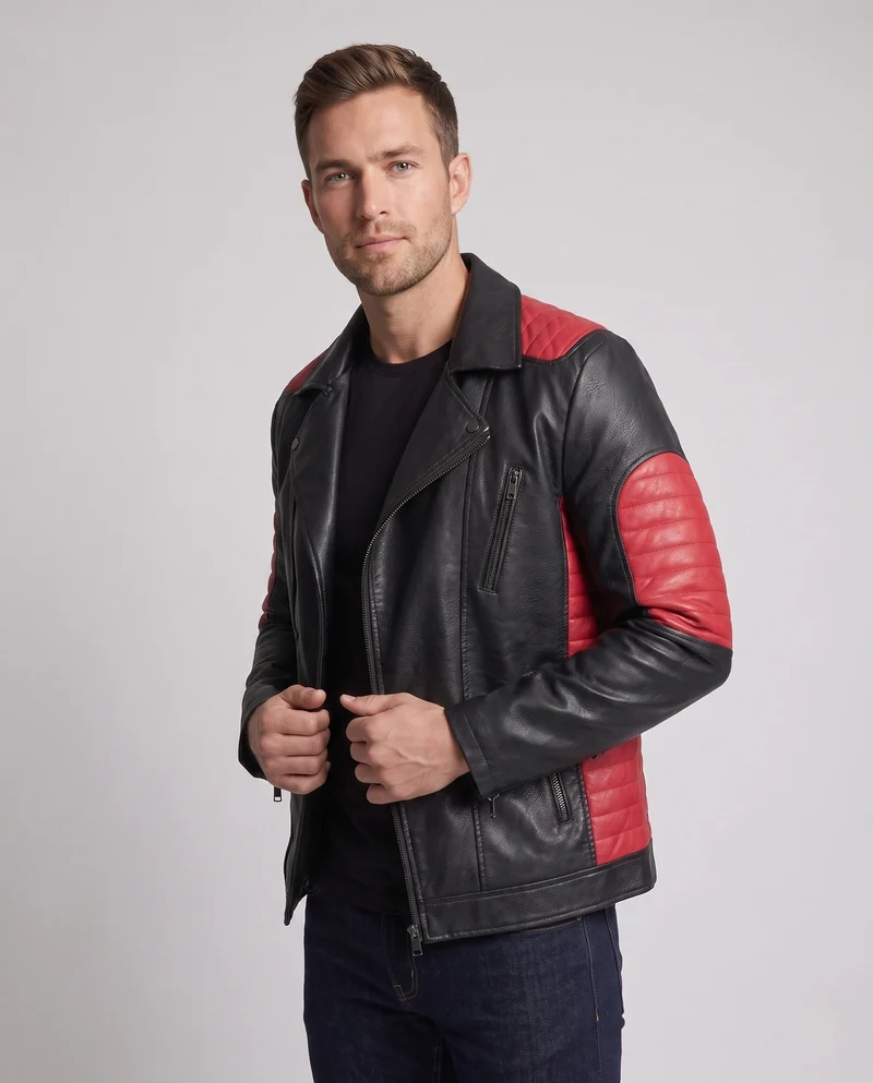 Herren Kunstleder Bikerjacke mit gesteppten Kontrastpaneelen und thermischer Fütterung Drune