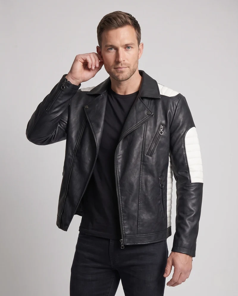 Herren Kunstleder Bikerjacke mit gestepptem Schulter- und Ärmel-Design und thermischer Fütterung Drune