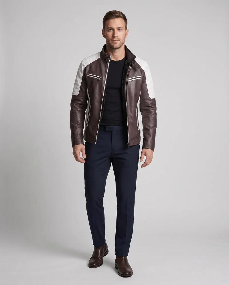 Herren Kunstleder Bikerjacke mit Teddyfutter, Stehkragen und dekorativem Riemen Drune