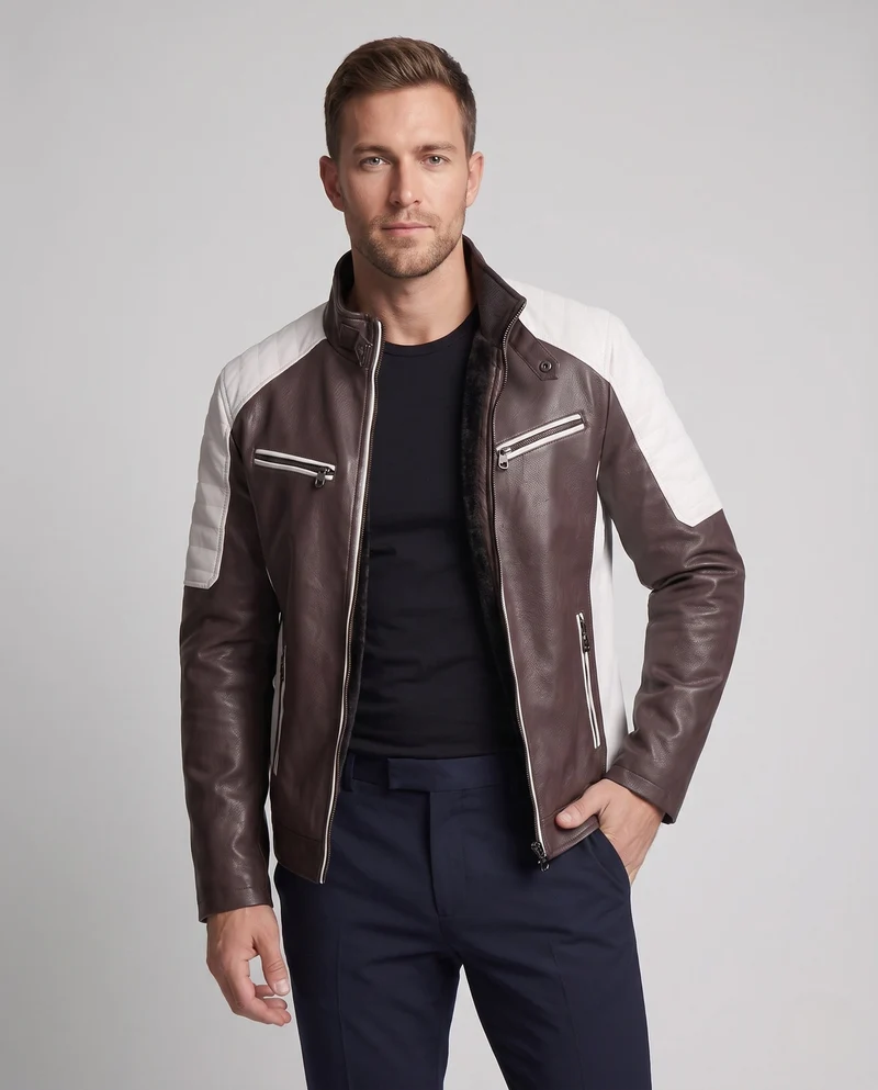Herren Kunstleder Bikerjacke mit Teddyfutter, Stehkragen und dekorativem Riemen Drune