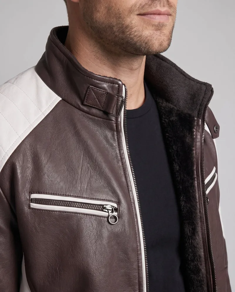 Herren Kunstleder Bikerjacke mit Teddyfutter, Stehkragen und dekorativem Riemen Drune